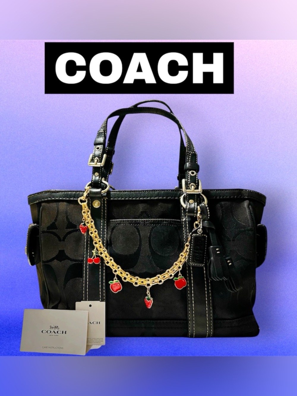 Vintage Coach Y2K soho shoulder Bag Black Signature Tote with cherry chain tote - Picture 3 of 17